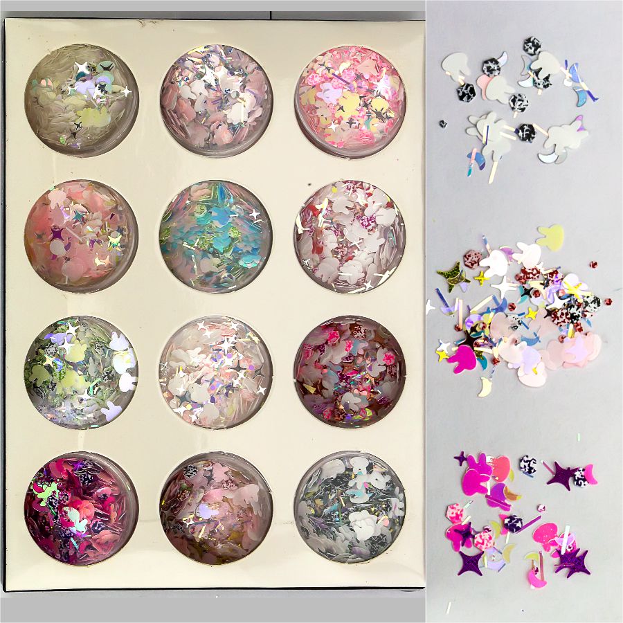 Фото Гелеві системи Набір декору для манікюру GC-54 Мерехтливий хаос фігур і кристалів 12 кольорів