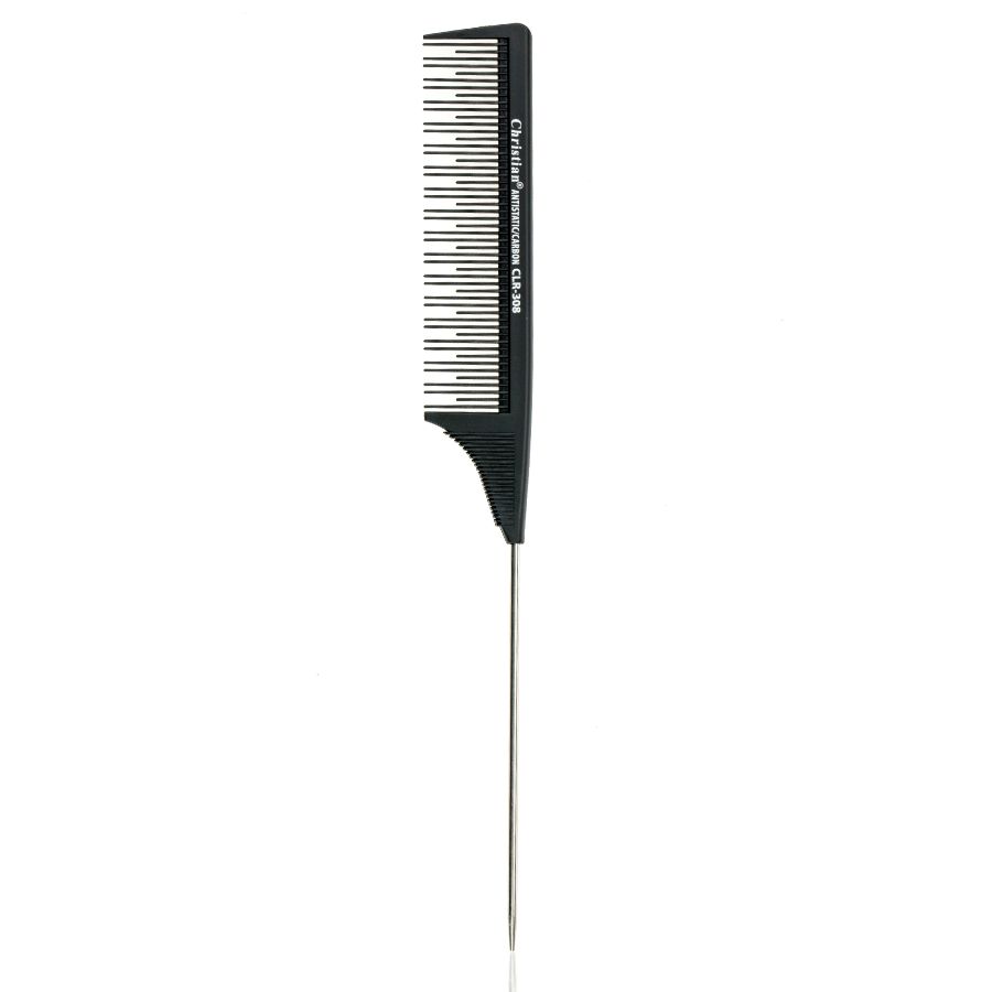 Фото Інструменти та аксесуари Гребінець для волосся карбоновий антистатичний дрібнозубий різнорівневий з металлич. хвостиком CLR-308