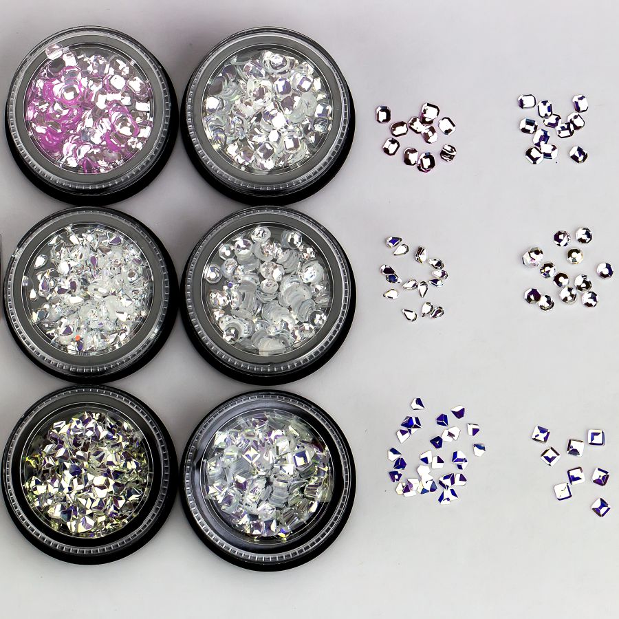 Фото Гелевые системы Набор декора для маникюра GC-41 мерцающие серебристые кристаллы 6 форм